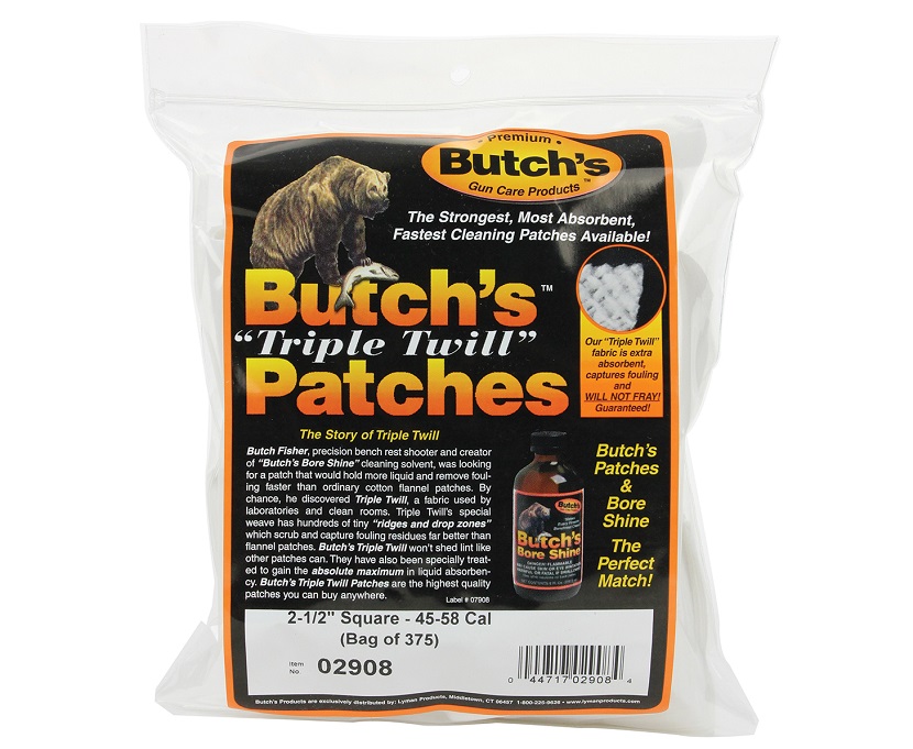 Butchs TRIPLE TWILL Barrel Cleaning Patches .45 to .58 square 64mm package of 375